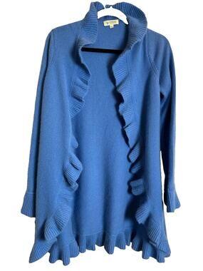 Kinross Cashmere Medium Ruffle Trim Cardigan Sweater Blue Long Sleeve